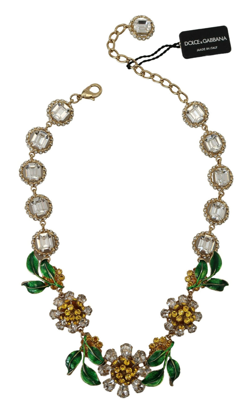 Gold Brass Crystal Logo Floral Statement Necklace