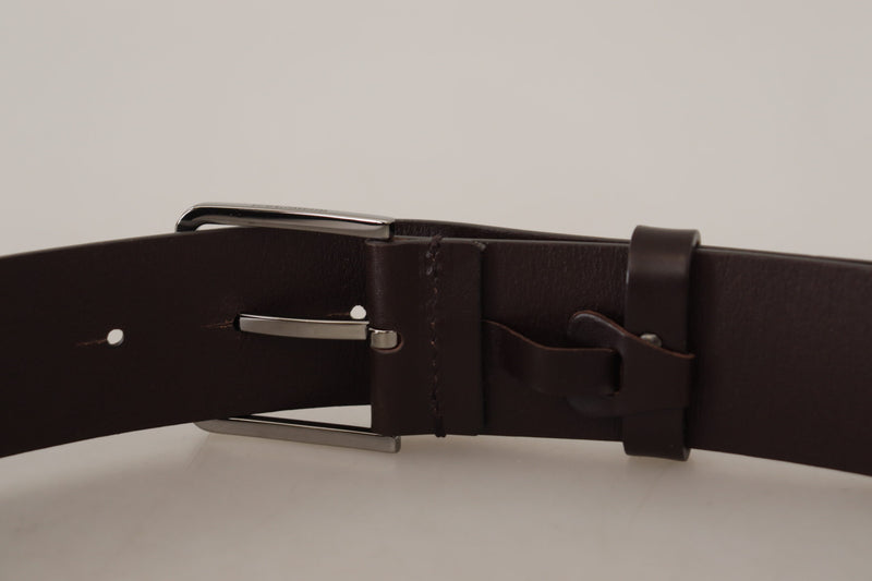 Brown Solid Calf Leather Logo Metal Buckle Belt