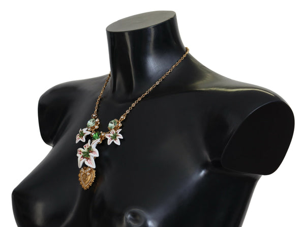 Gold White Lily Floral Devotion Heart Statement Necklace