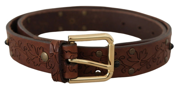 Brown Leather Floral Studded Metal Buckle Belt