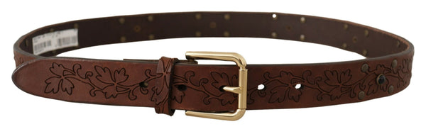 Brown Leather Floral Studded Metal Buckle Belt