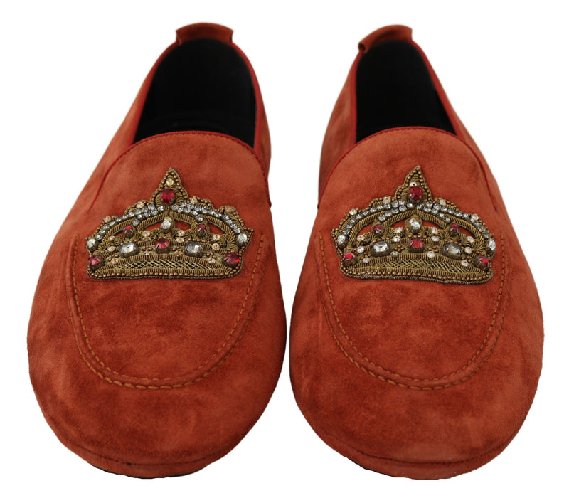 Orange Leather Moccasins Crystal Crown Slippers Shoes