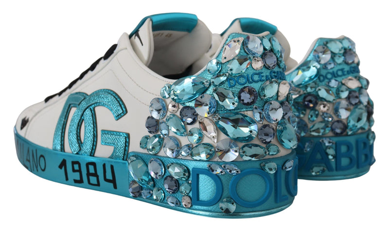 White Leather Blue Crystal Sneakers Shoes