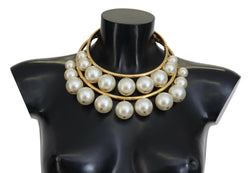 White Faux Pearl Embellished Brass Choker Necklace