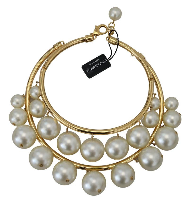 White Faux Pearl Embellished Brass Choker Necklace