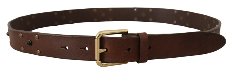 Brown Leather Studded Gold Tone Metal Buckle Belt