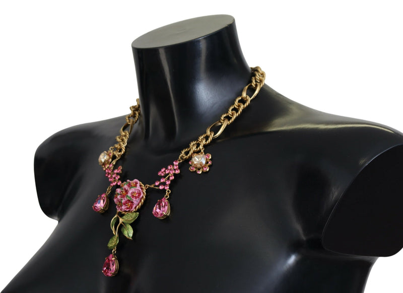 Gold Brass Chain Crystal Floral Roses Jewelry Necklace