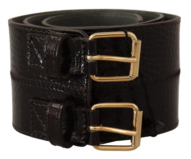 Brown Leather Wide Women Double Buckle Closure Belt