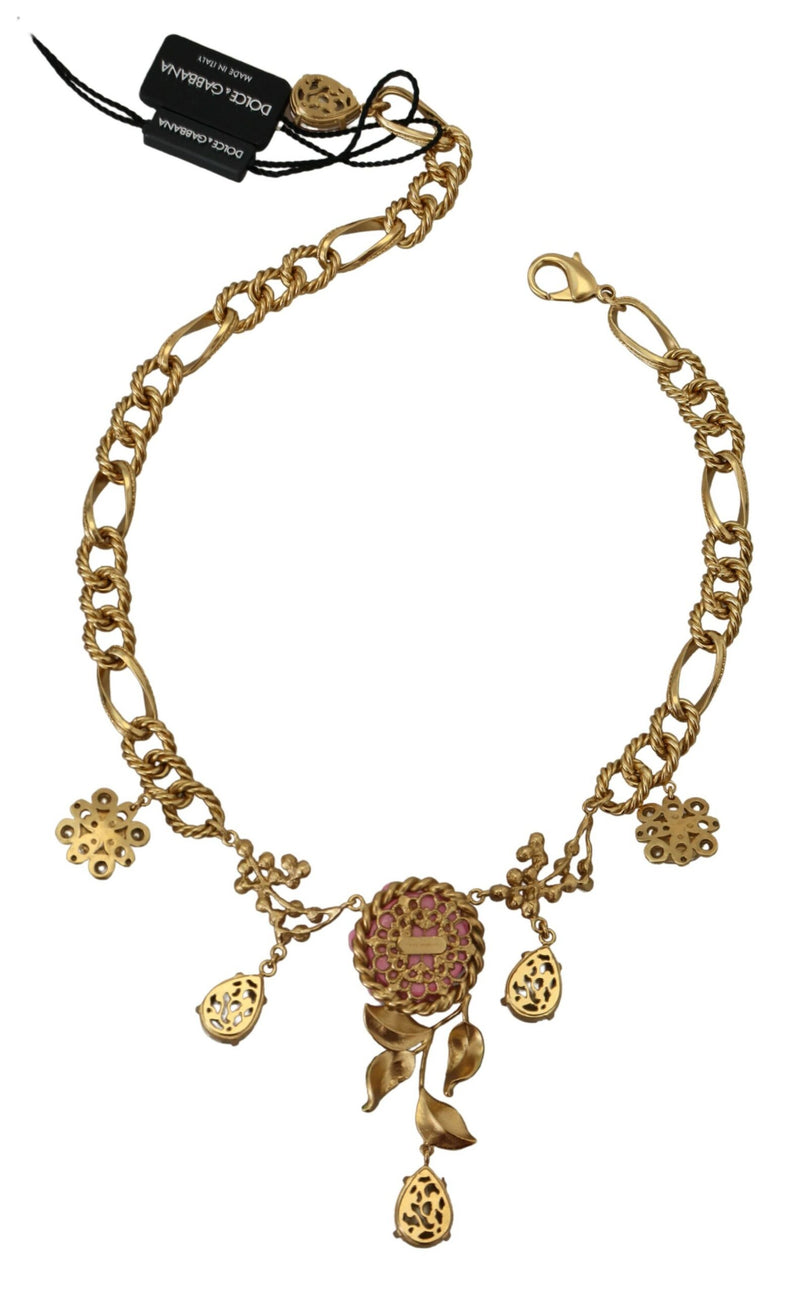 Gold Brass Chain Crystal Floral Roses Jewelry Necklace