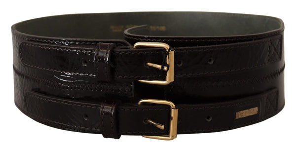 Brown Leather Wide Women Double Buckle Closure Belt