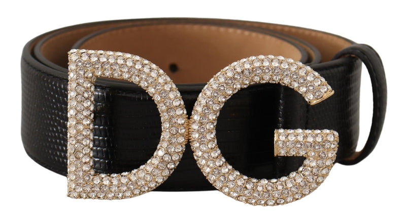 Black Exotic Leather DG Logo Crystal Belt