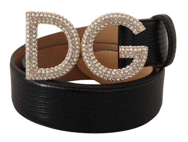 Black Exotic Leather DG Logo Crystal Belt