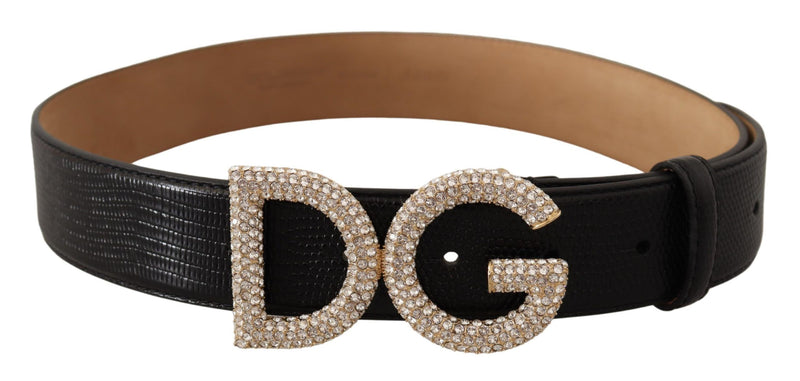 Black Exotic Leather DG Logo Crystal Belt