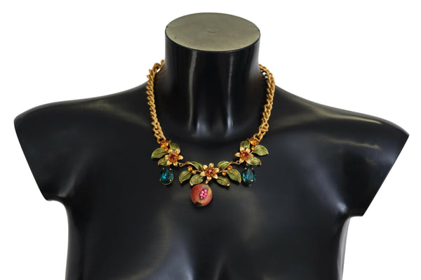 Gold Brass Crystal Logo Fruit Floral Statement Necklace