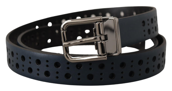 Navy Blue Perforated Leather Skinny Metal Buckle Belt