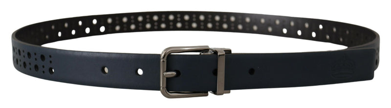 Navy Blue Perforated Leather Skinny Metal Buckle Belt