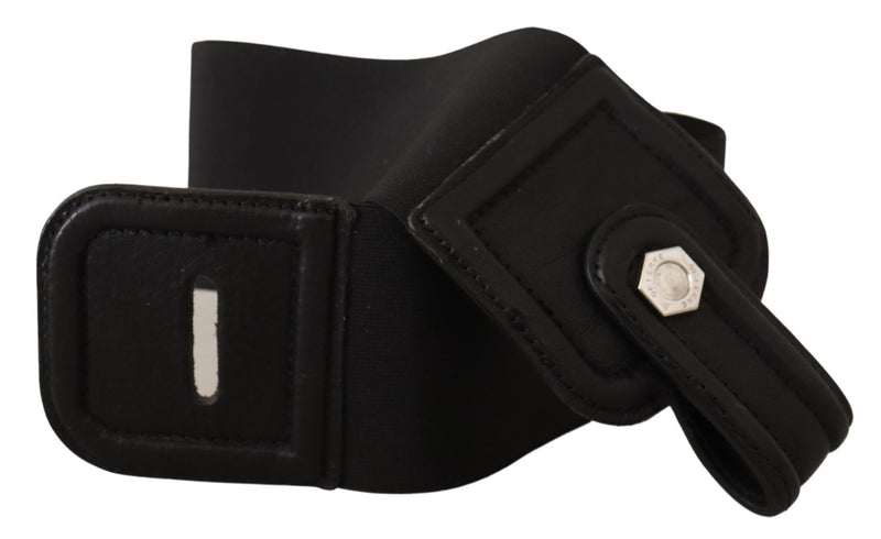 Black Leather Wide Stretch Waistband Silver Belt