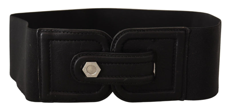 Black Leather Wide Stretch Waistband Silver Belt