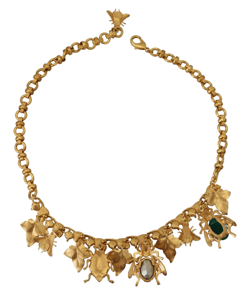 Gold Brass Crystal Logo Bug Floral Statement Necklace