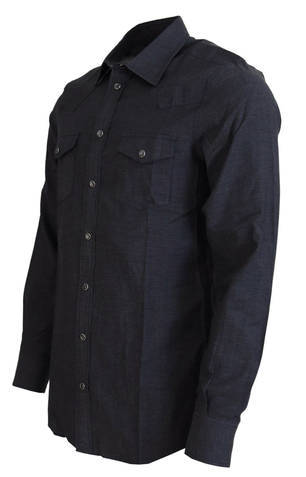 Gray Cotton Collared Long Sleeves Shirt