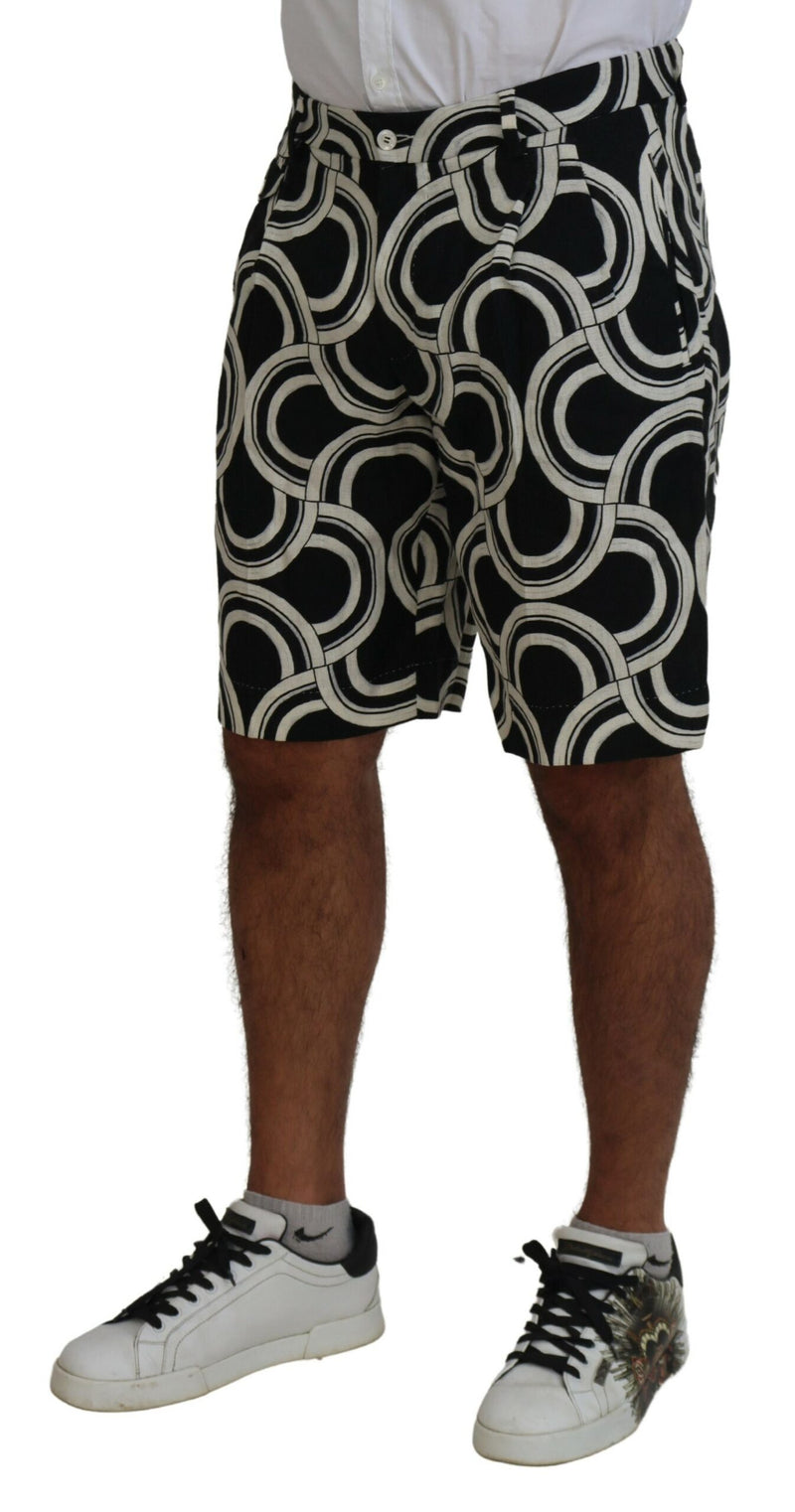 Black White Patterned Linen Bermuda Shorts