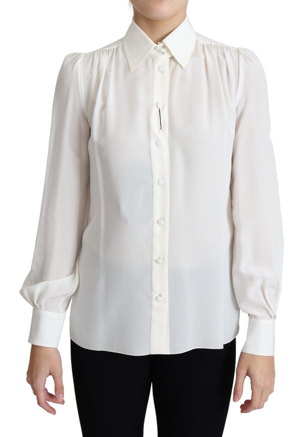 White Silk Crepe Shirt Crinkled Shoulders Top