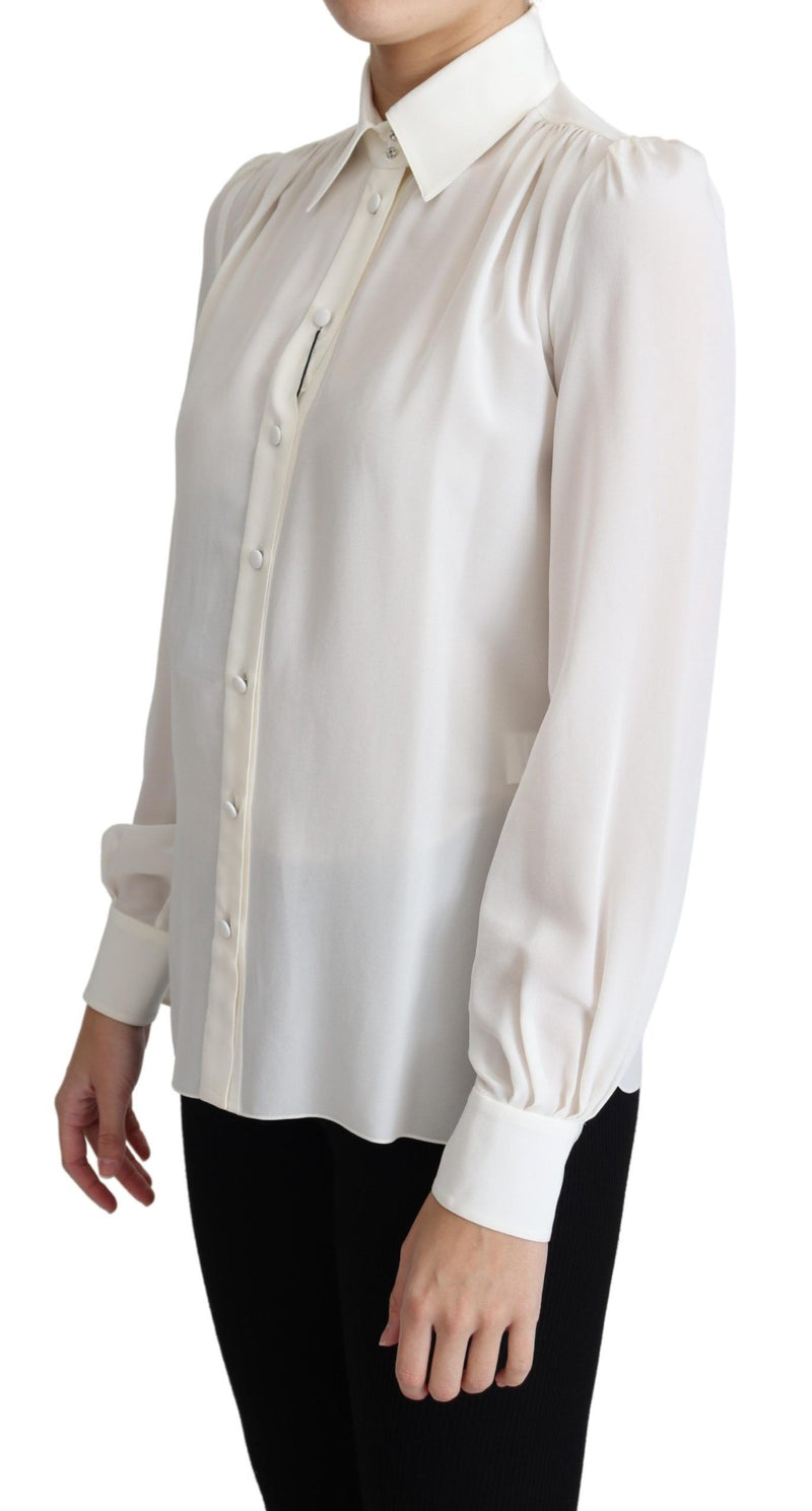 White Silk Crepe Shirt Crinkled Shoulders Top