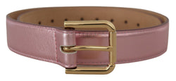 Metallic Pink Polished Leather Logo Metal Buckle Belt