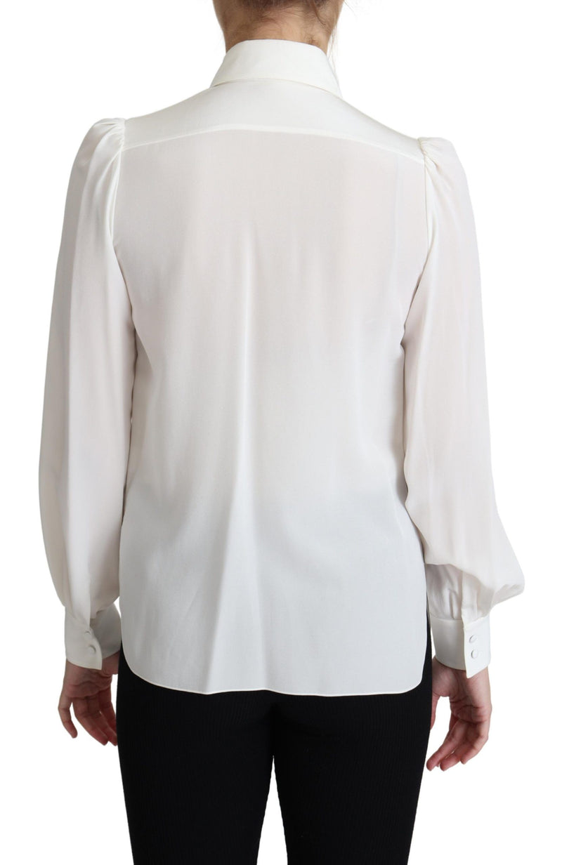 White Silk Crepe Shirt Crinkled Shoulders Top