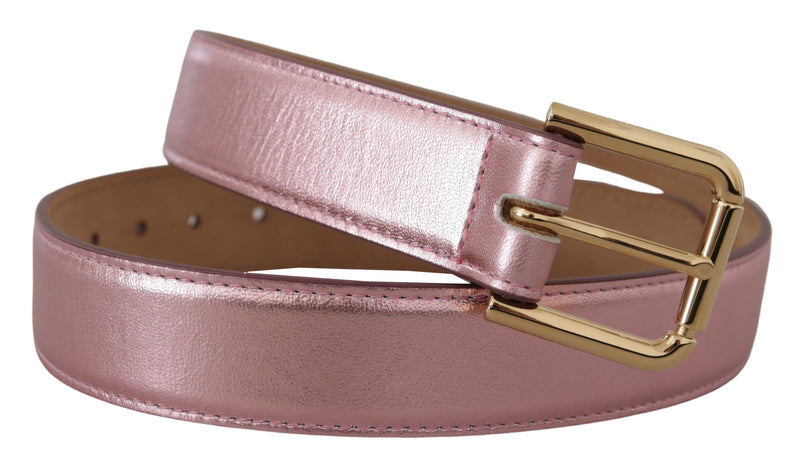 Metallic Pink Polished Leather Logo Metal Buckle Belt