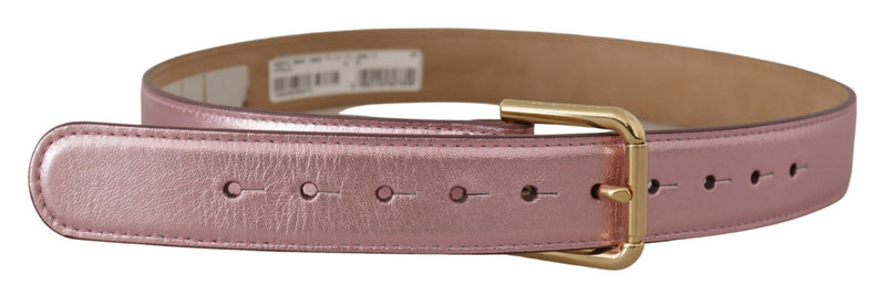 Metallic Pink Polished Leather Logo Metal Buckle Belt