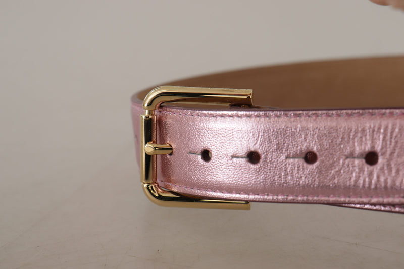 Metallic Pink Polished Leather Logo Metal Buckle Belt