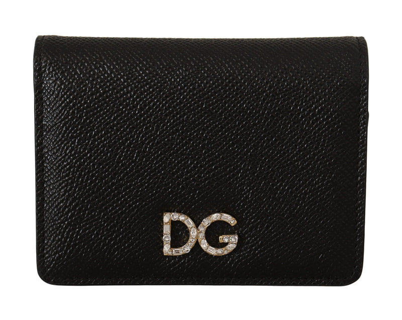 Black Leather Bifold Continental Clutch Crystal Wallet