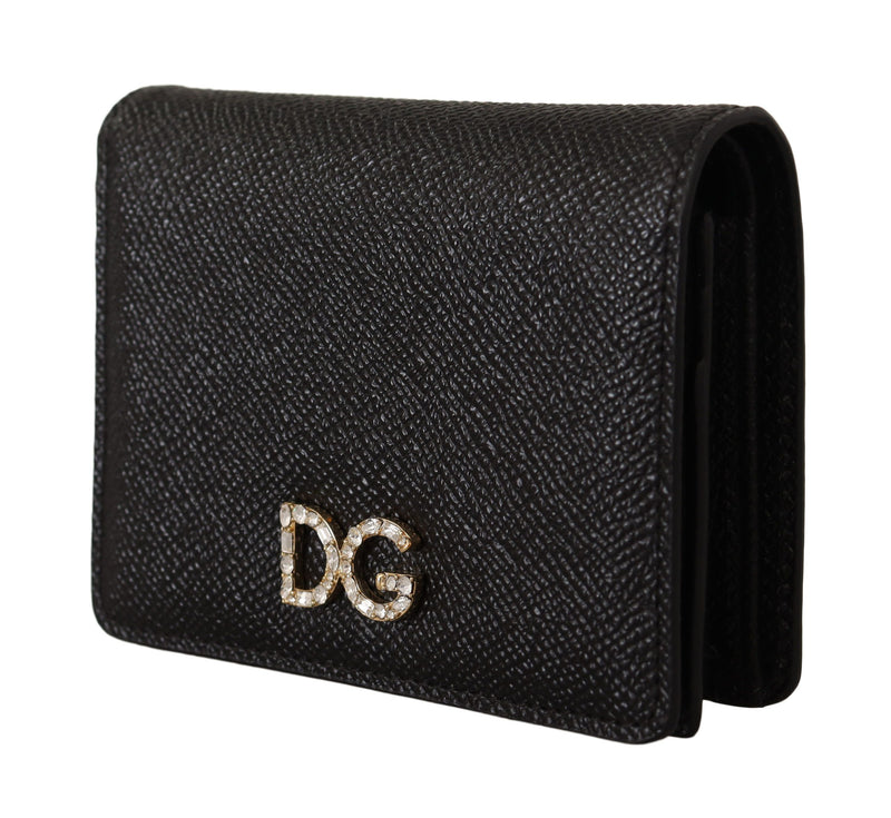 Black Leather Bifold Continental Clutch Crystal Wallet