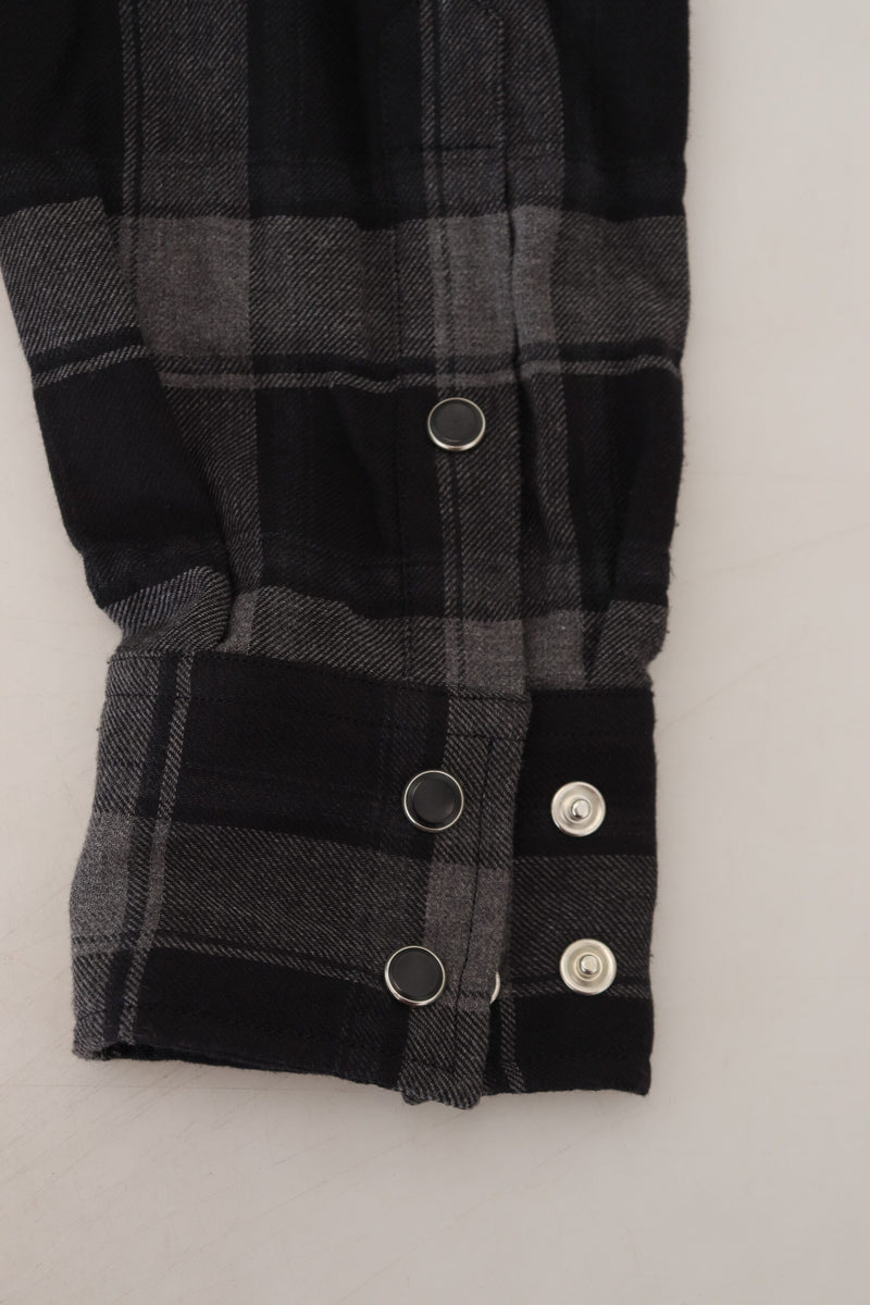 Black Gray Check Men Long Sleeves Shirt