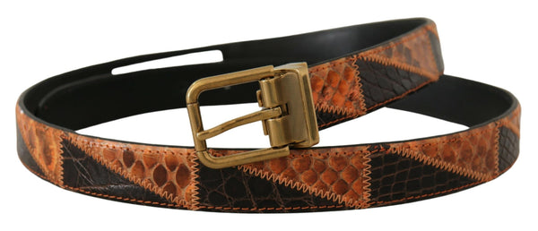 Multicolor Exotic Leather Patchwork Bronze Belt