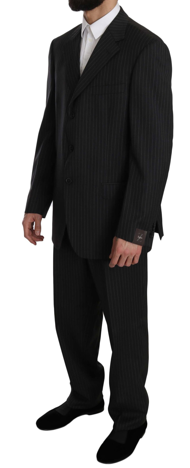 Black Striped Two Piece 3 Button 100% Wool Suit