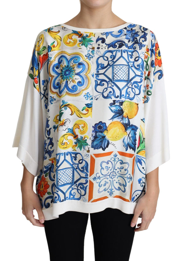 White Majolica Print Silk Oversized Top