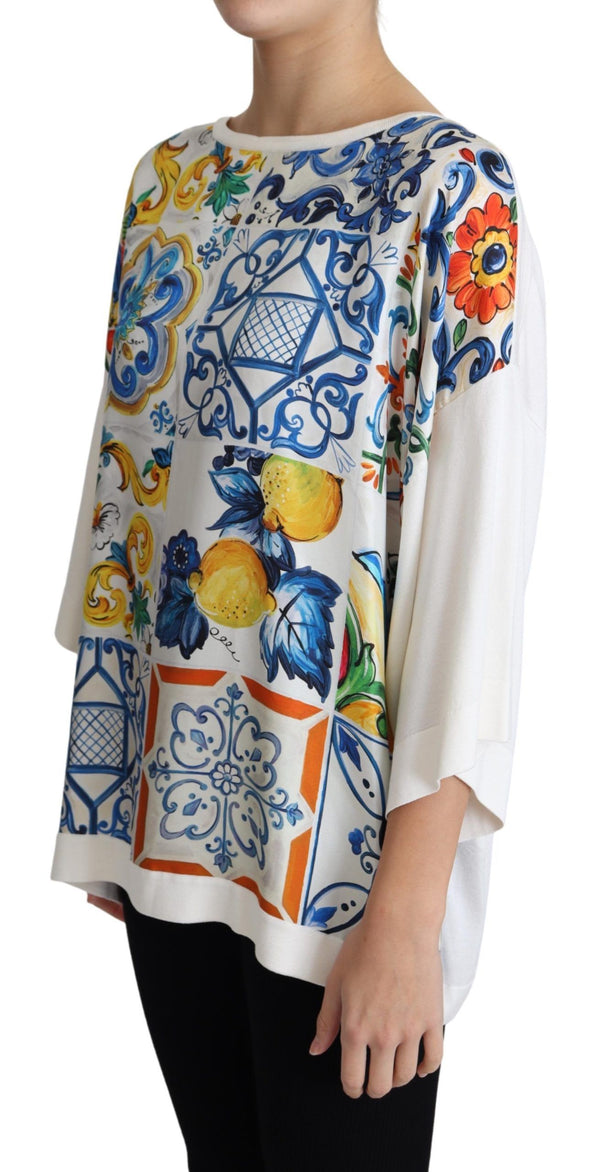 White Majolica Print Silk Oversized Top