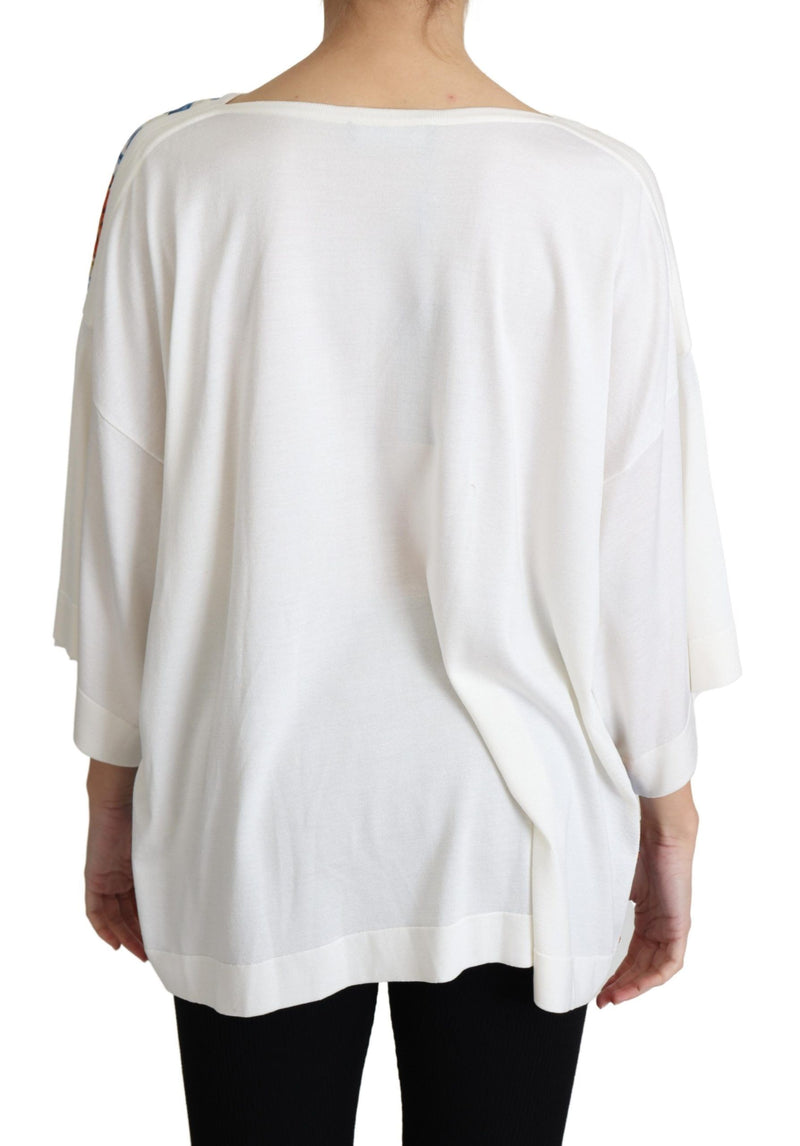 White Majolica Print Silk Oversized Top