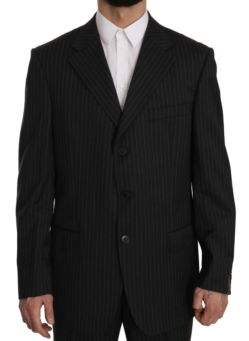 Black Striped Two Piece 3 Button 100% Wool Suit