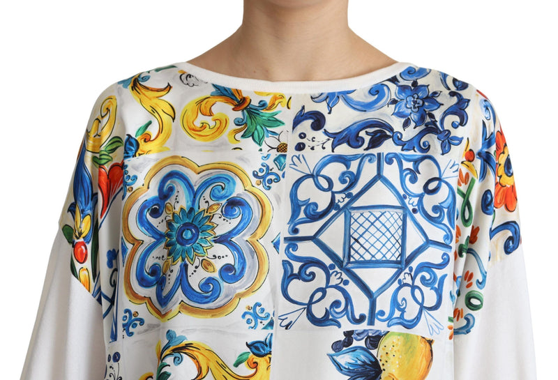 White Majolica Print Silk Oversized Top