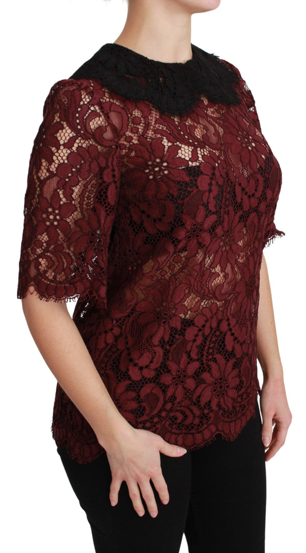 Maroon Floral Lace Elbow Sleeves Top Blouse