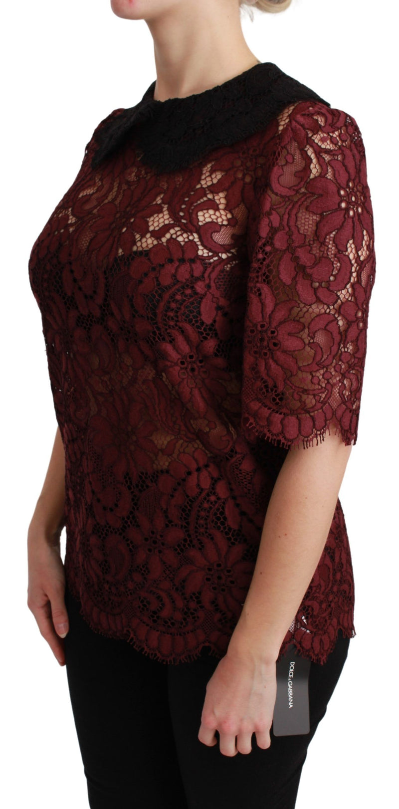 Maroon Floral Lace Elbow Sleeves Top Blouse