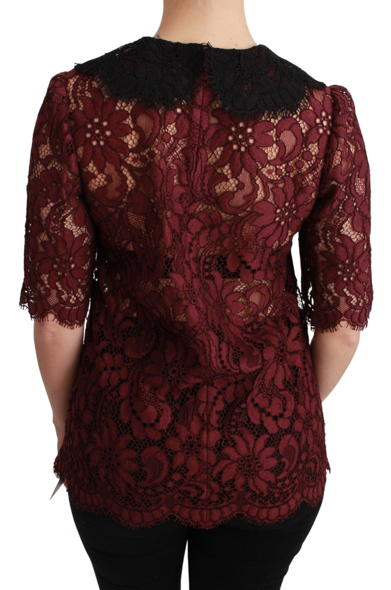 Maroon Floral Lace Elbow Sleeves Top Blouse