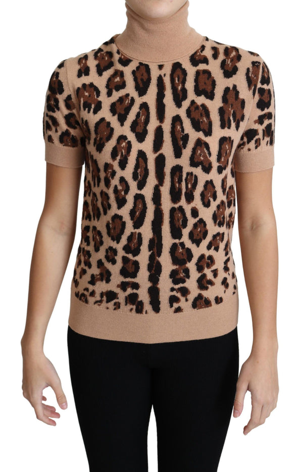 Beige Leopard Cashmere Print Turtleneck Top