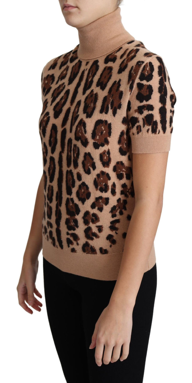 Beige Leopard Cashmere Print Turtleneck Top