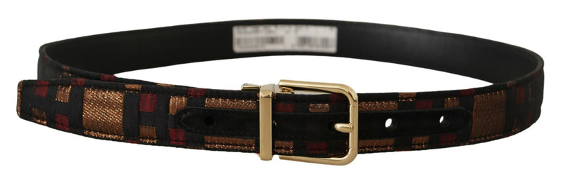 Multicolor Leather Jacquard Gold Metal Buckle Belt