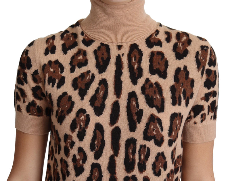 Beige Leopard Cashmere Print Turtleneck Top