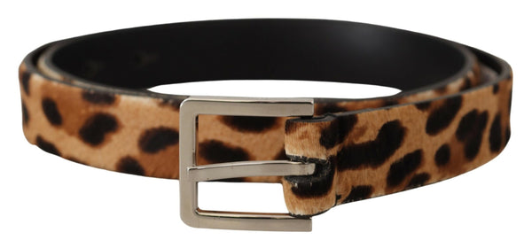 Brown Calf Fur Leopard Print Skinny Logo Buckle Belt